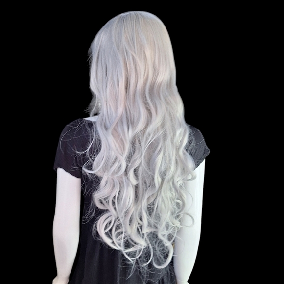 Platinum Wig Accessories - Platinum Salt & Pepper Layered Look White Color Long Hair With Wave/Wear My Wig